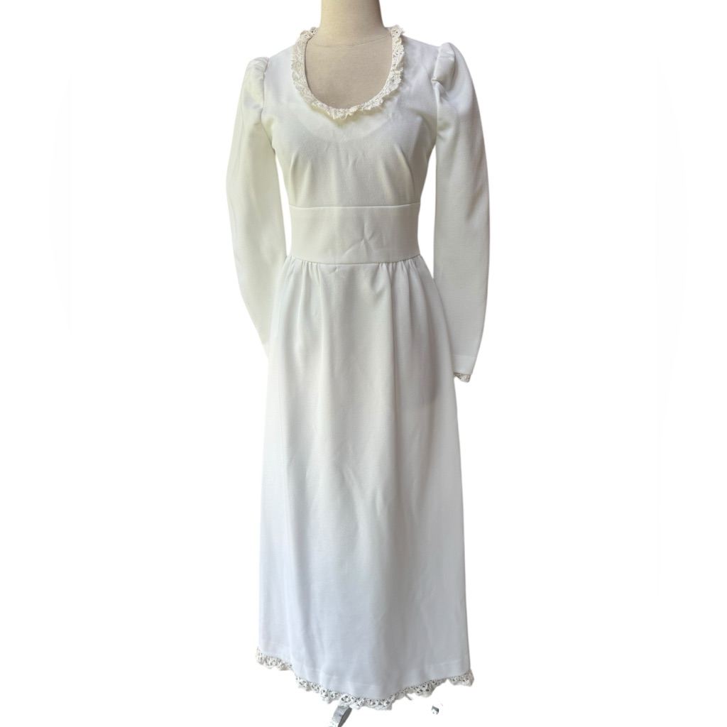 1970s Poly Knit Trimmed W/Cotton Crochet Trim & Back Tie Wedding Dress